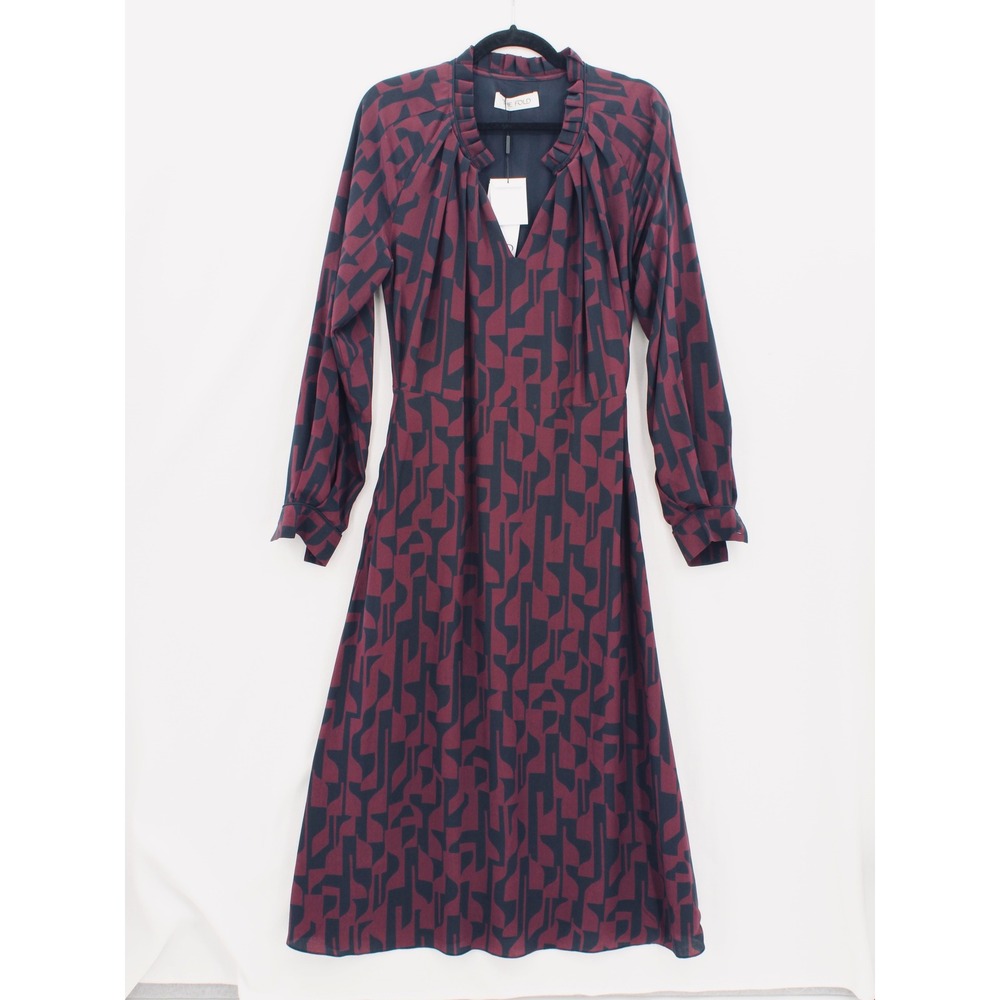 The Fold London Silk Aldbury Dress size 4 Burgundy Navy Ruffle V-Neck NWT